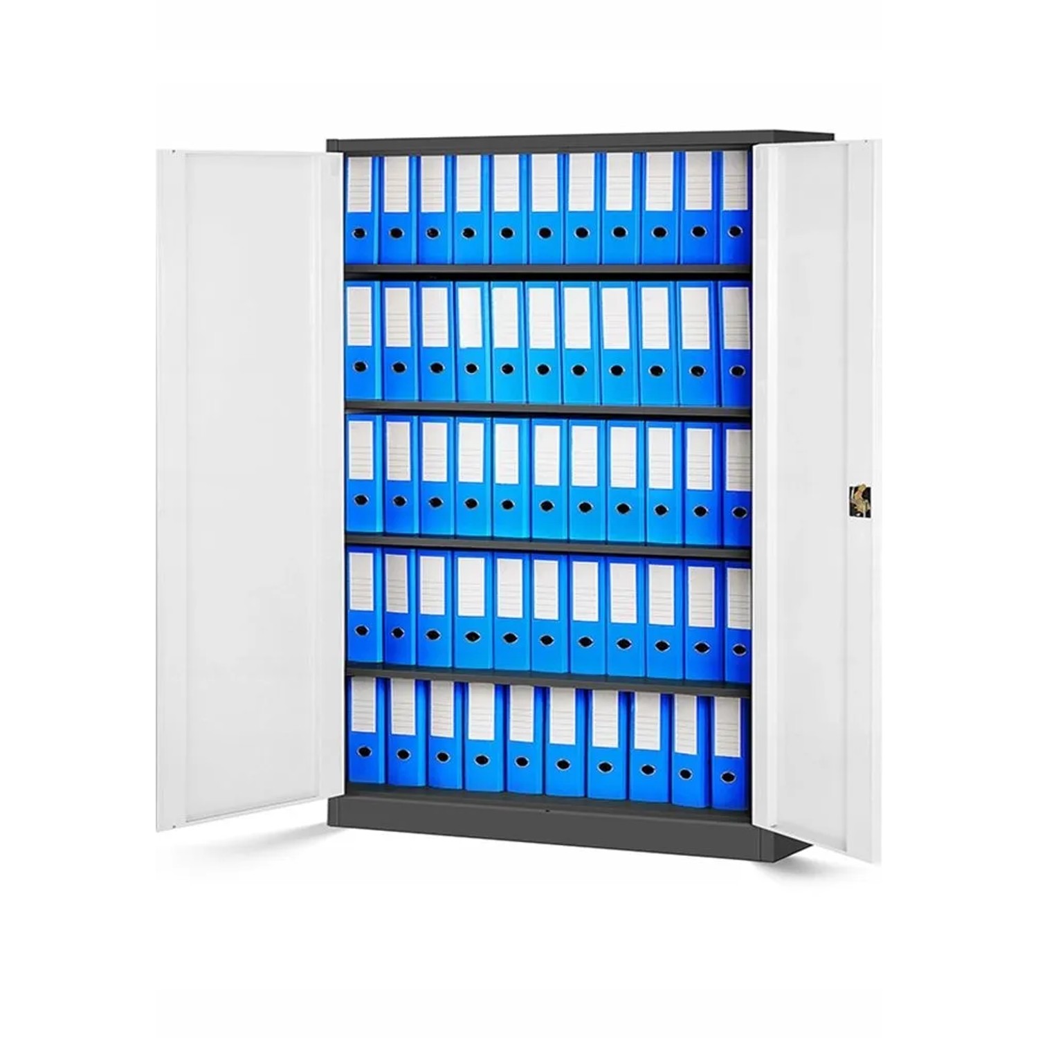 Jan Nowak Büro Aktenschrank, Anthrazit-Weiß, offen mit blauen Aktenordnern. Abschließbarer Metallschrank mit verstellbaren Böden.