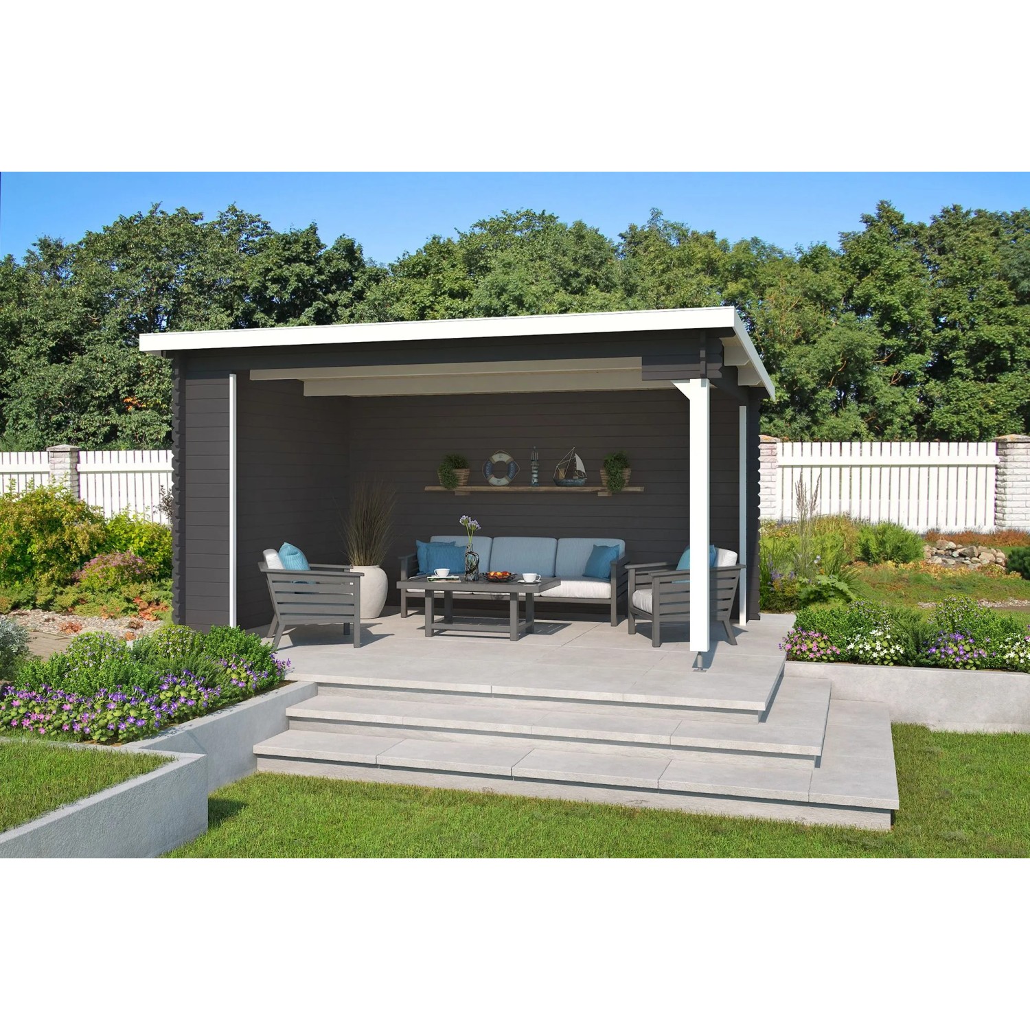 Lasita Holz-Gartenhaus Columbus Flachdach Carbongrau Lasiert 425 cm x 300 cm