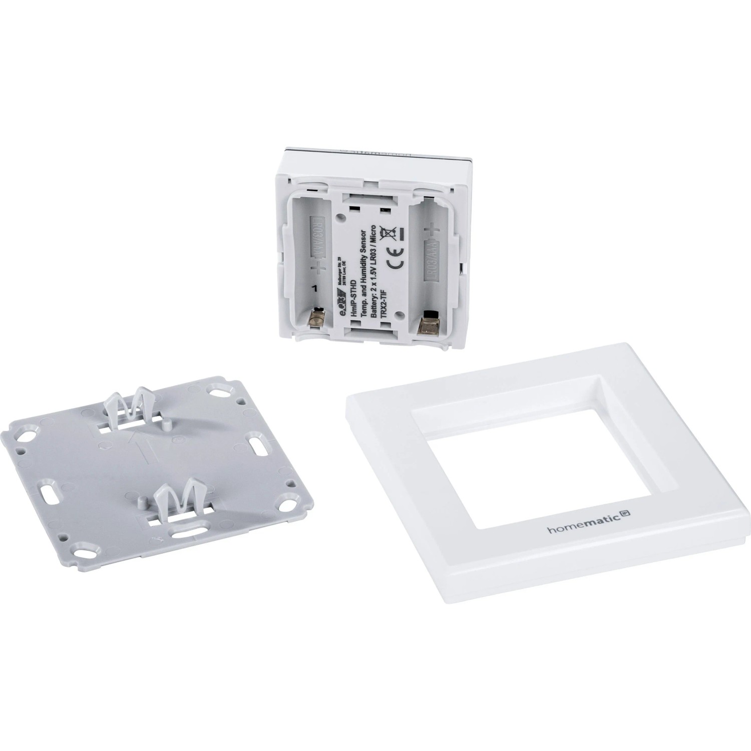 Homematic IP Temperatur- und Luftfeuchtigkeitssensor mit Zubehör zur Hausautomation.