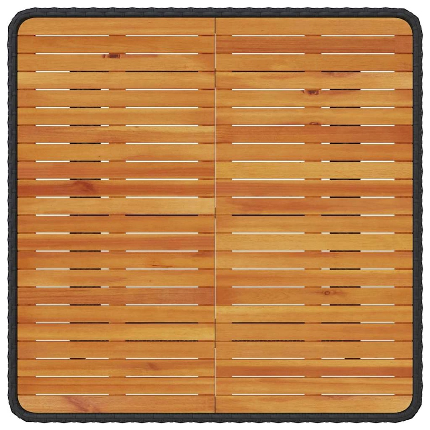 Tischplatte der vidaXL Garten Essgruppe aus Holzlatten und schwarzem Rattan.