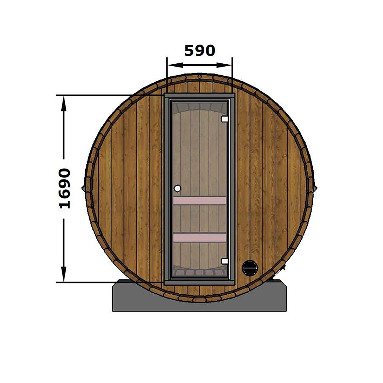 Abbildung der Finntherm Fasssauna aus Thermoholz, braun, mit Glasrückwand und Maßangaben.