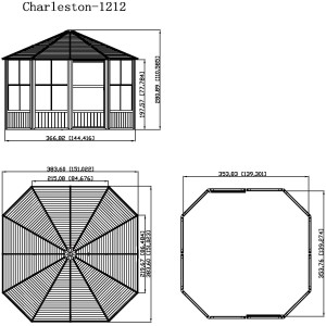 Technische Zeichnung Sojag Pavillon Charleston 384x384 cm mit Maßangaben.
