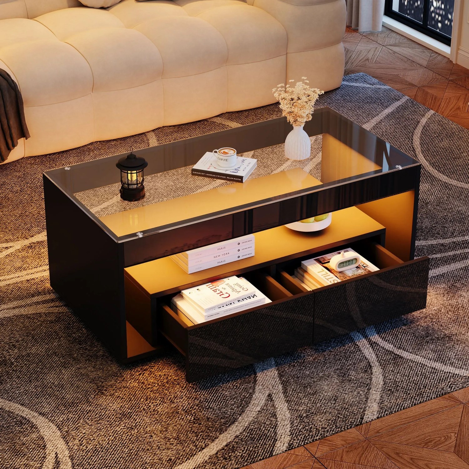 Merax Couchtisch Hochglanz Mit LED 2 Schubladen Glasplatte Schwarz