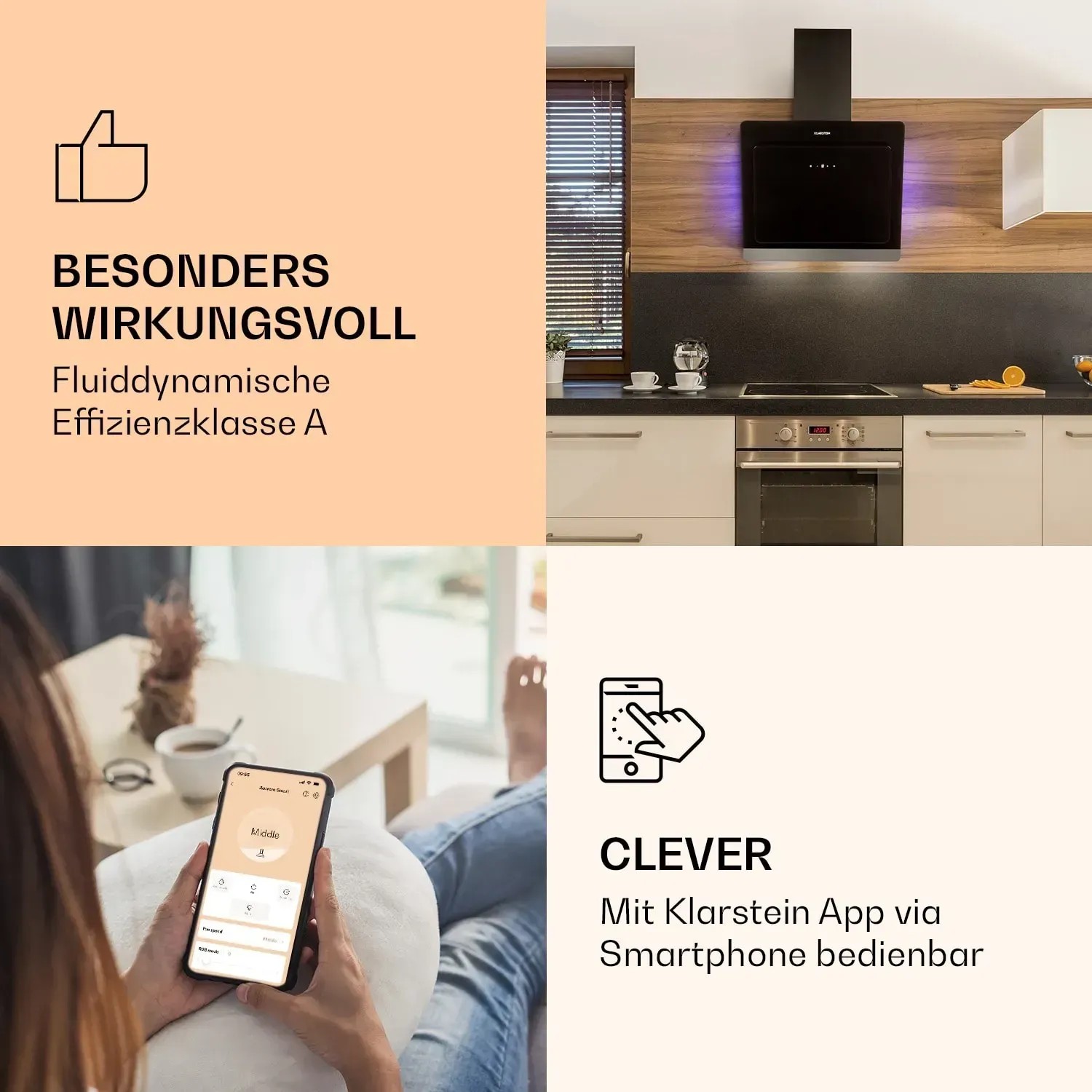 Schwarze Klarstein Dunstabzugshaube Aurora 60 Smart mit Ambiente-Licht in Küche und per App steuerbar.