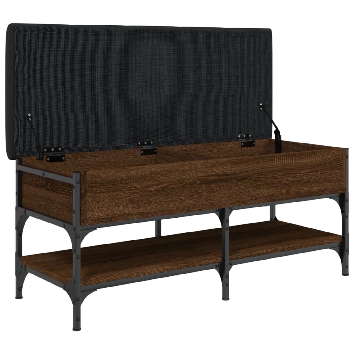 Schuhbank in Eichen-Optik mit schwarzem Sitzkissen und Stauraum für Möbel im Flur.