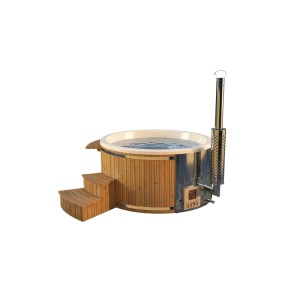 Finntherm Holz Badefass Stockholm, Ø 200 cm, mit Ofen und Treppe.