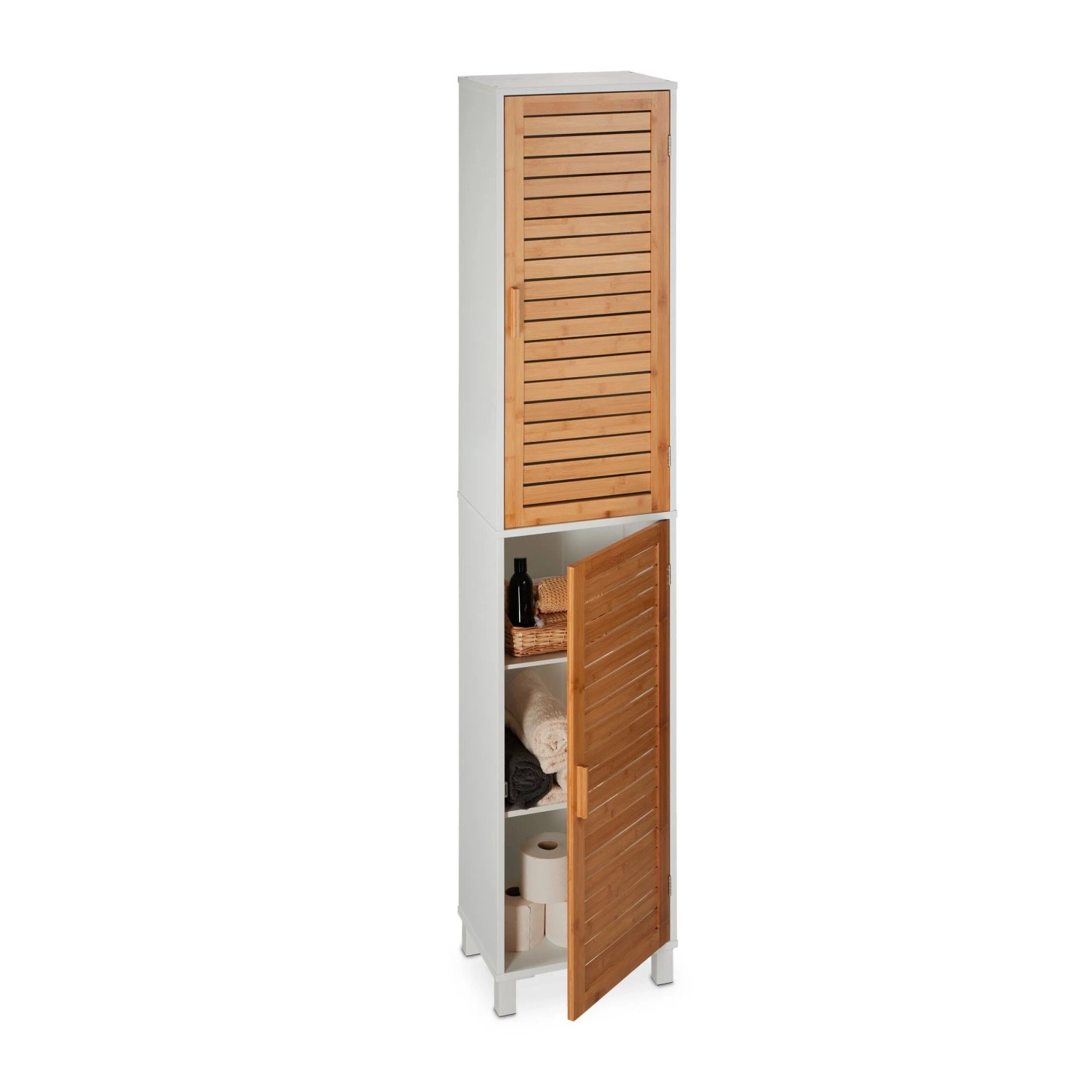 Relaxdays Badezimmerschrank MDF Bambus Weiß Natur Mit Magnetverschluss 190 cm x 40 cm x 30 cm 24,3 kg