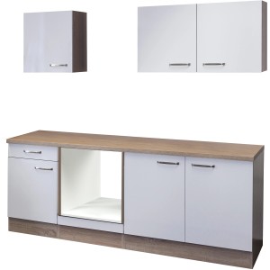 Flex-Well Küchenzeile 210 cm, Weiß Hochglanz/Sonoma Eiche, ohne E-Geräte.