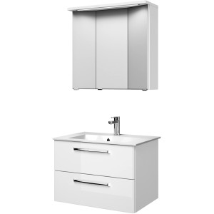 Pelipal Badmöbel-Set Trentino, 80 cm, Weiß Hochglanz, 3-teilig mit Waschbecken, Unterschrank und Spiegelschrank.