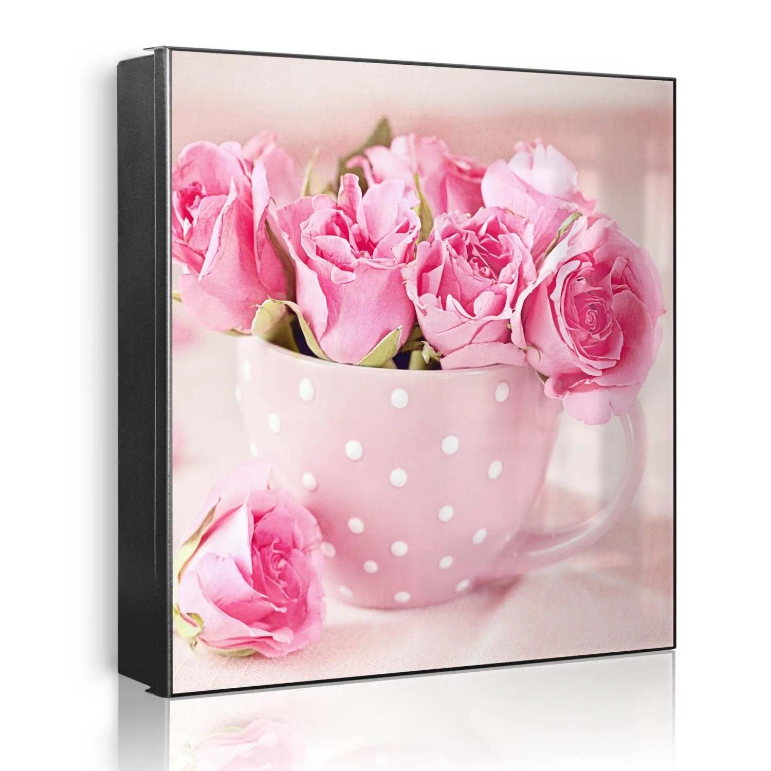 Banjado Großer Schlüsselkasten Metall 30x30cm Schwarz Scharnier Links 50 Haken Beschreibbar Magnetisch Motiv Tasse Voll Rosen