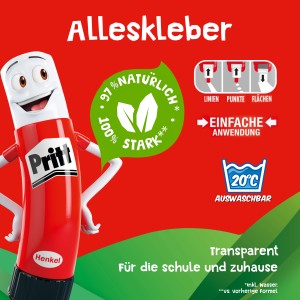 Pritt Alleskleber Transparent 100g im Comic-Stil, ideal für Schule und Hobby.