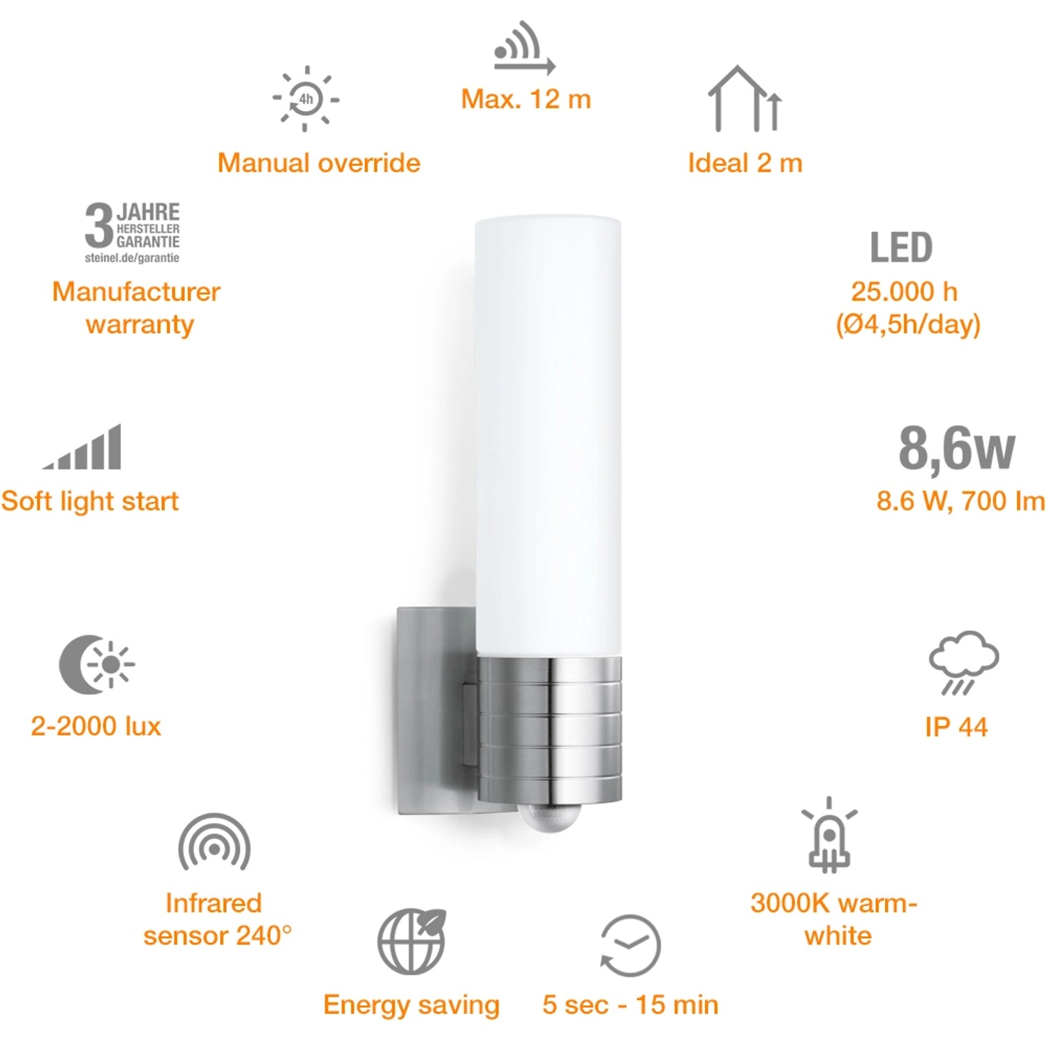 Moderne Steinel LED-Außenleuchte L 260 S aus Edelstahl mit Bewegungsmelder.