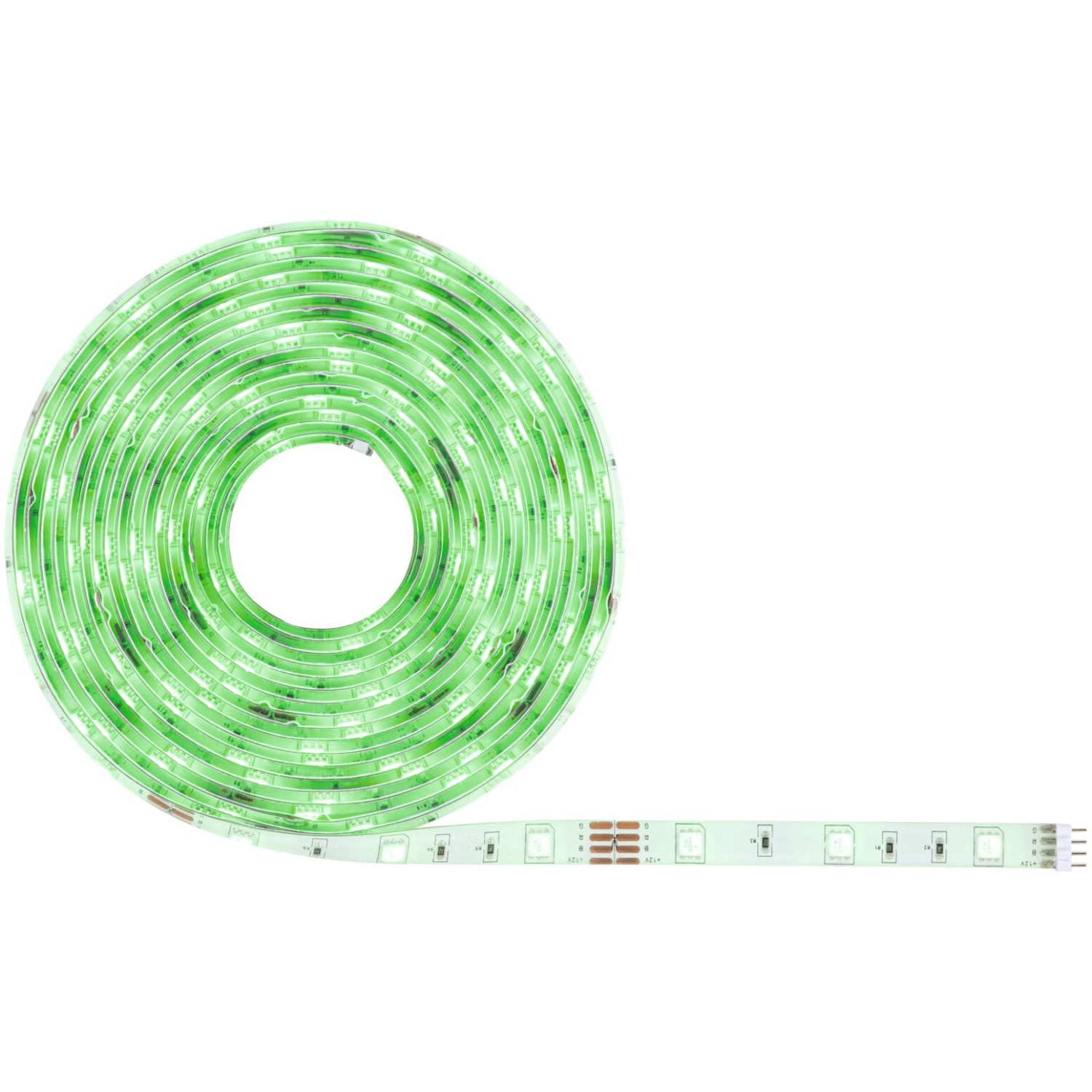 Paulmann SimpLED RGBW LED-Streifen, 5m, Smart Home Zigbee, aufgerollt, grün leuchtend.
