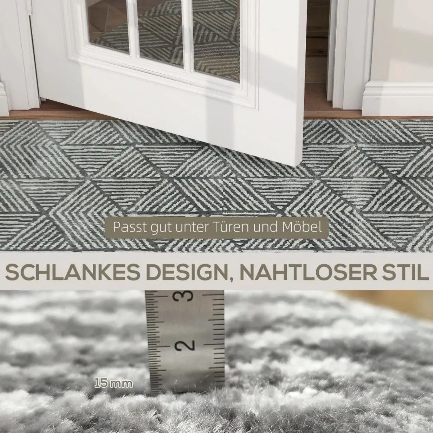 Grauer Kurzflor Teppich mit geometrischem Muster, 1,5 cm Florhöhe. Passt unter Türen und Möbel. Moderner Wohnzimmerteppich.