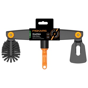 Fiskars OneClick Dachrinnenreiniger, orange-schwarz, mit Bürste und Schaber für Kombisysteme.