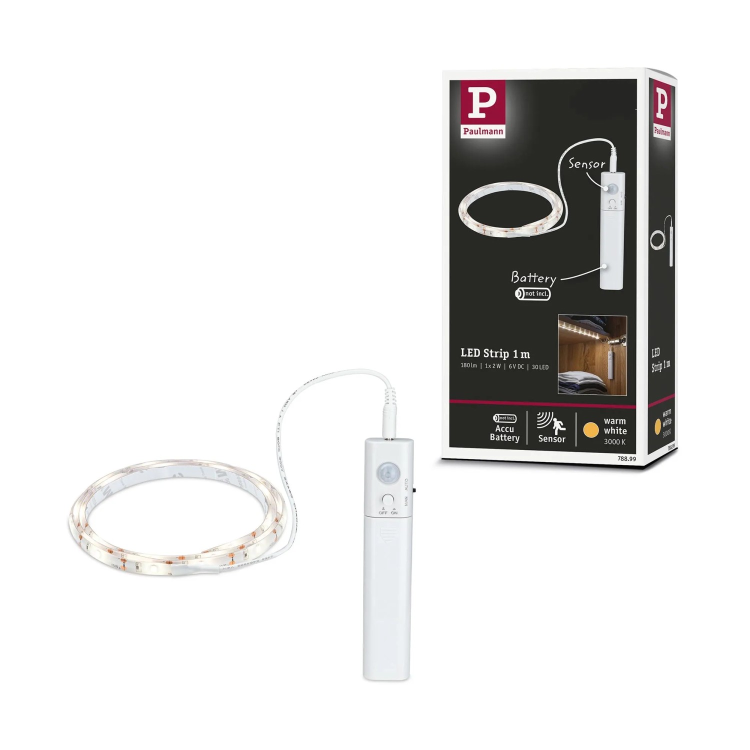 Paulmann LED-Strip 1m, batteriebetrieben, warmweiß, mit Bewegungsmelder. Flexibler, selbstklebender LED-Streifen und weißes Batteriefach.
