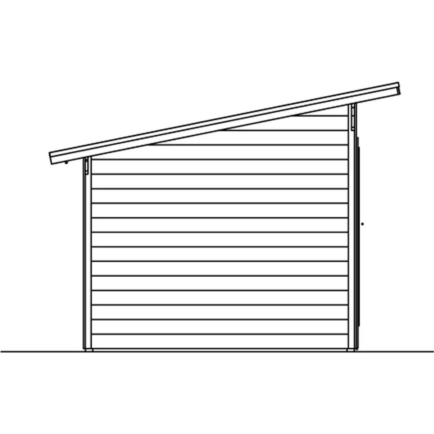 Illustration eines Holz-Gartenhauses Ostende in Schwedenrot mit Pultdach.