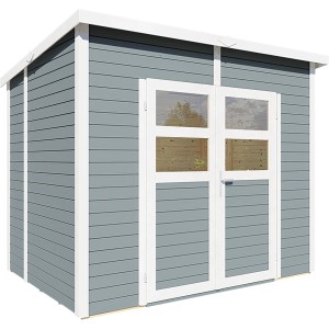Graues Holz-Gartenhaus Felix mit Doppeltür und Lichtausschnitten. Ideal zur Gartenaufbewahrung.