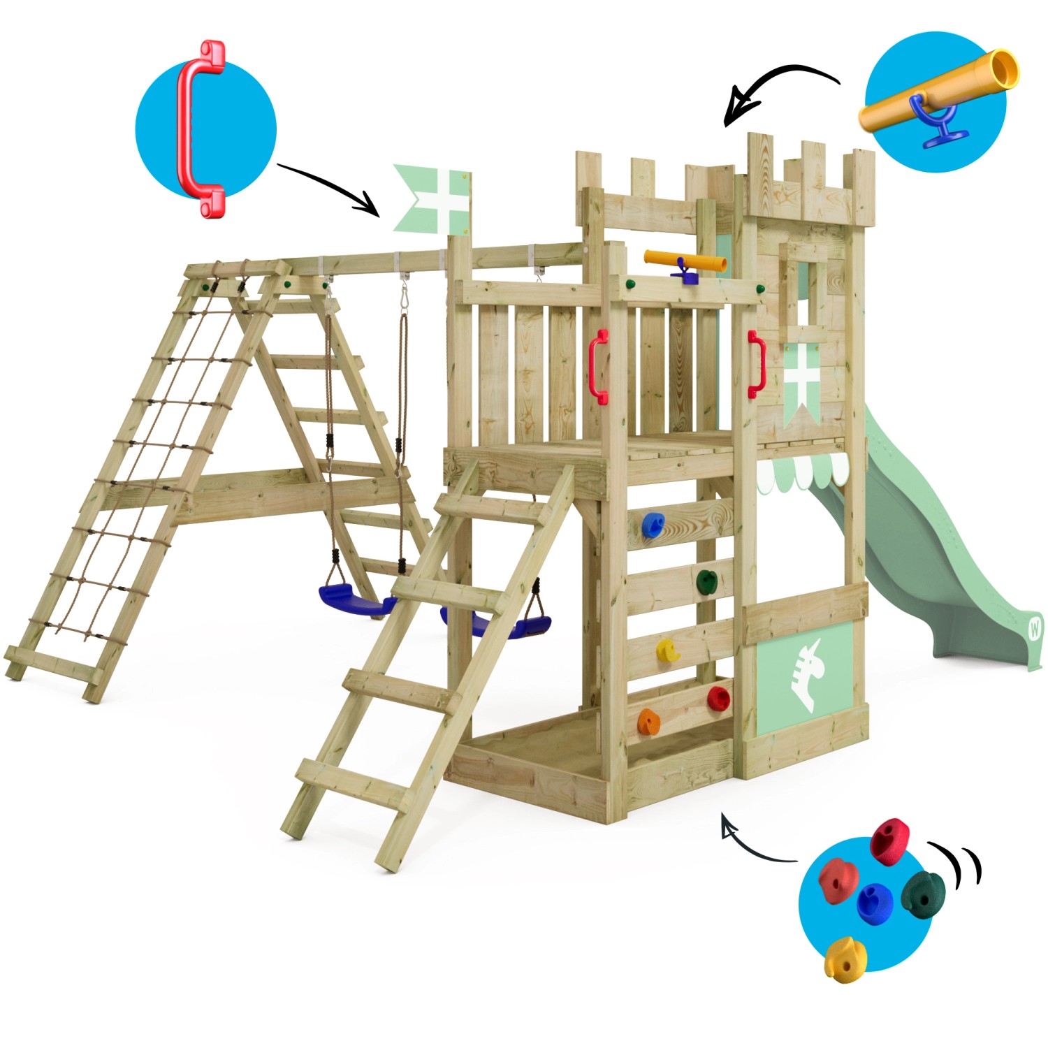 Wickey Spielturm DragonFlyer mit Rutsche in Pastellgrün, Klettergerüst mit Schaukel und Kletterwand.