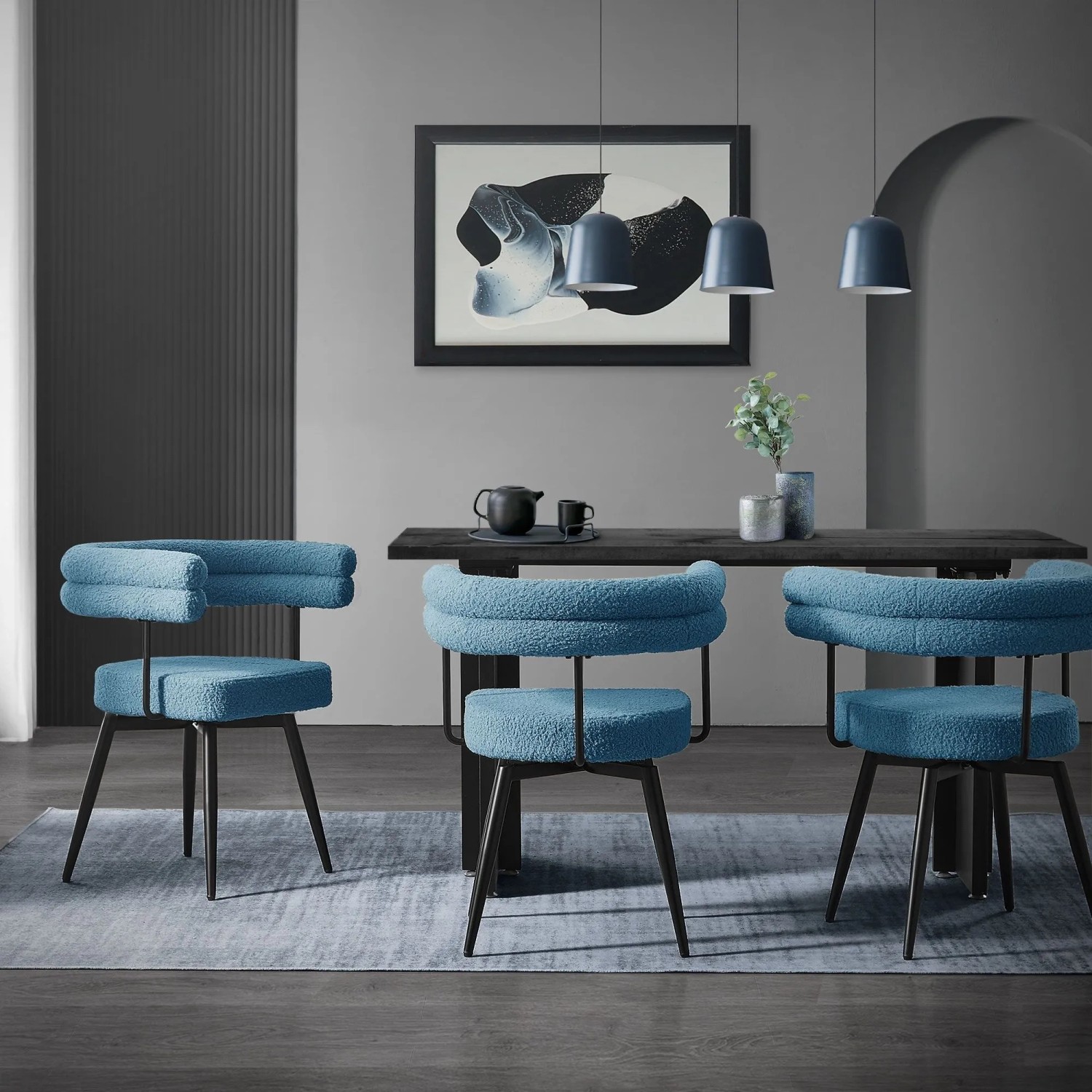 ML-Design Esszimmerstühle, 4er Set, blau, Teddy-Stoff, drehbar, mit Metallgestell.