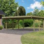 Karibu Doppelcarport Classic aus Holz mit Stahl-Dacheindeckung im Garten.