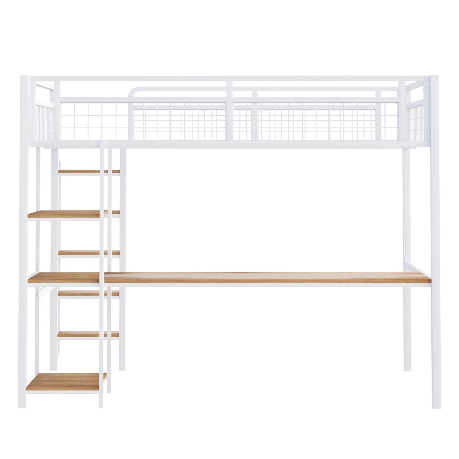 okwish Metall Hochbett 140x200cm mit Leiter Tisch und Regalen Weiß ohne Matratze