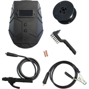 Güde Uni-Mig 125 SYN Schweißgerät Zubehör: Schweißschild, Draht, Bürste, Elektrodenhalter und Masseklemme.