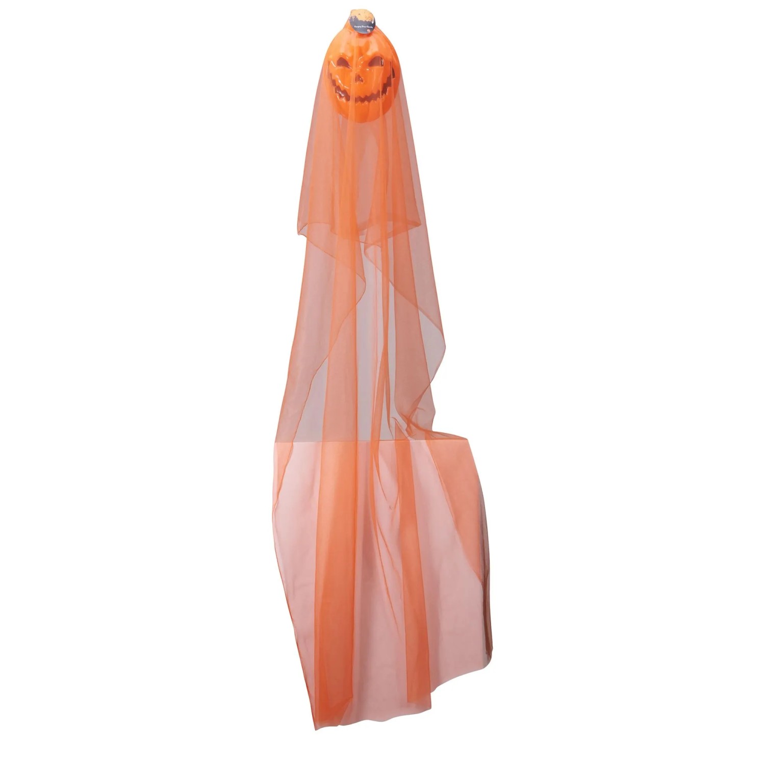 Gruselige Halloween Hängedekoration mit orangefarbenem Kürbiskopf und langem, fließendem Stoff. Ideal für Party.