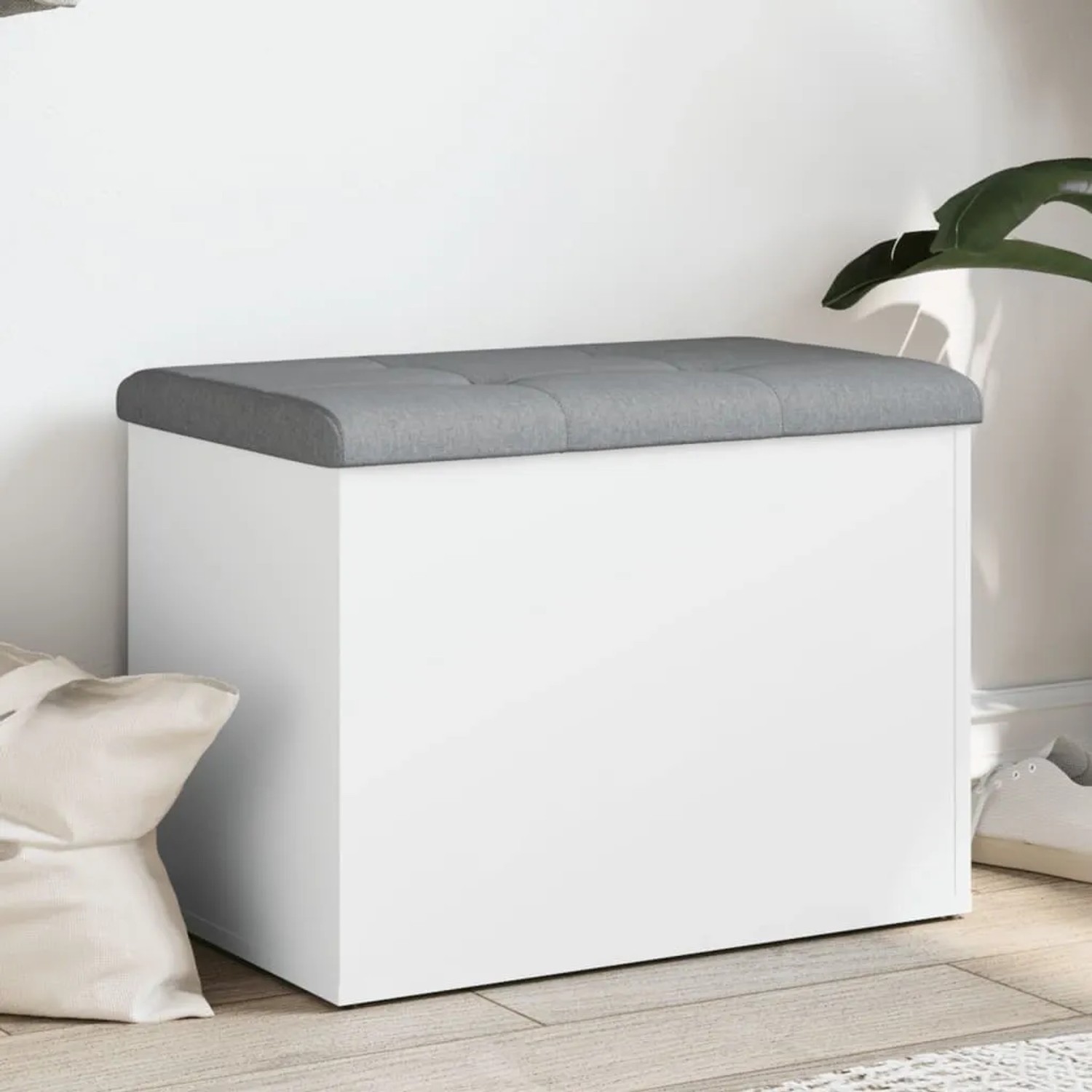 Weiße vidaXL Sitzbank mit grauem Kissen und Stauraum. Möbel für Flur oder Wohnzimmer.