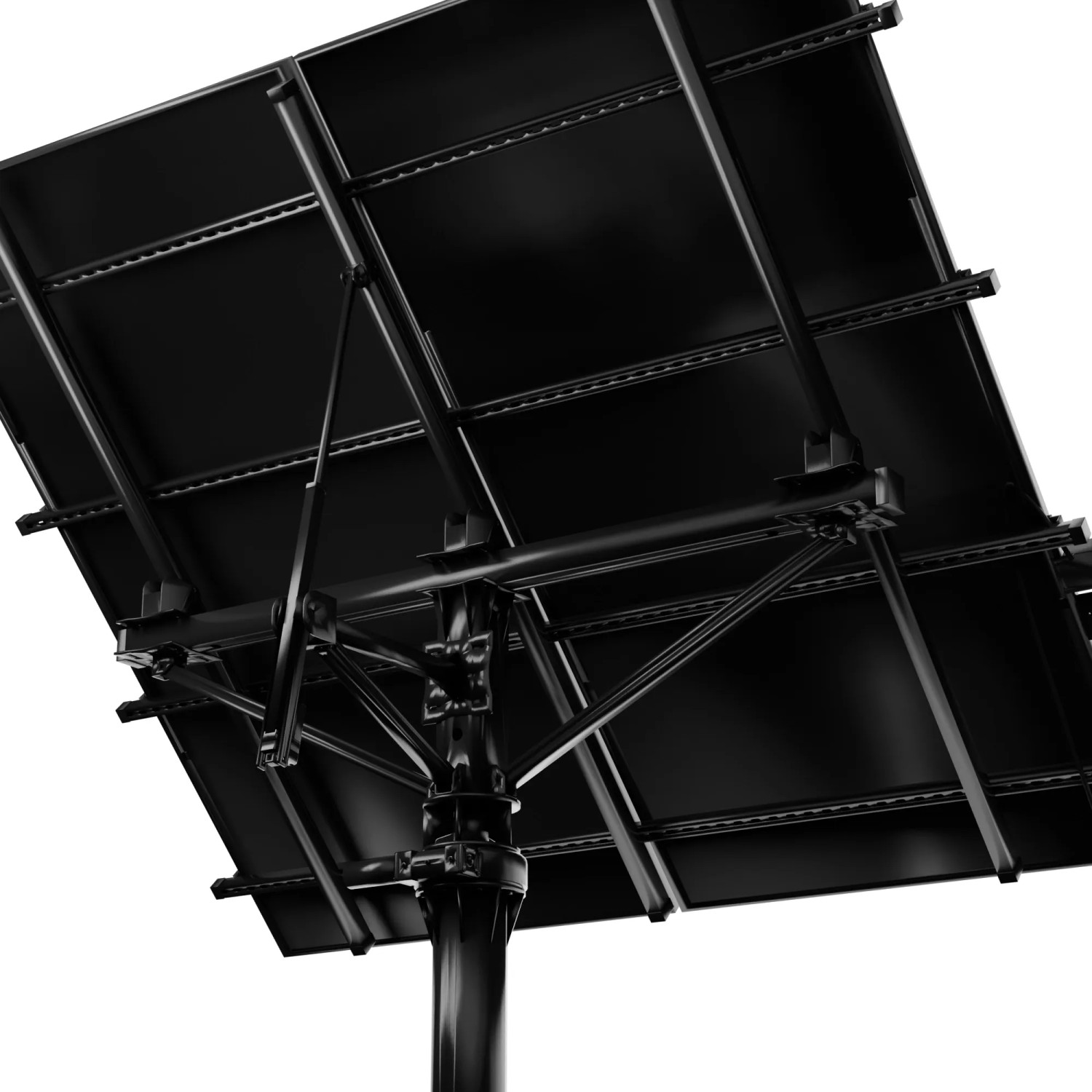 Schwarzer Hepa Solar PV-Tracker Koloss, Ansicht von unten mit Details zu Rahmen und Aufhängung.