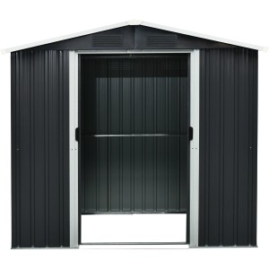 Pergart Metall-Gerätehaus Düsseldorf, grau-creme, mit offener Schiebetür. Gerätehäuser für den Garten.