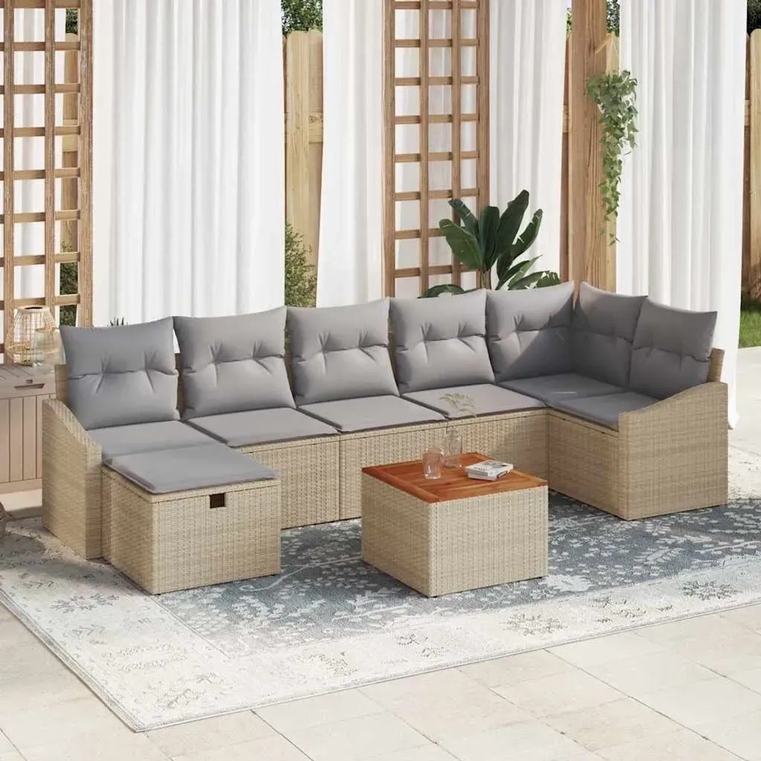 Beiges 8-tlg. vidaXL Garten-Sofa-Set aus Rattan mit Kissen und Stauraum.