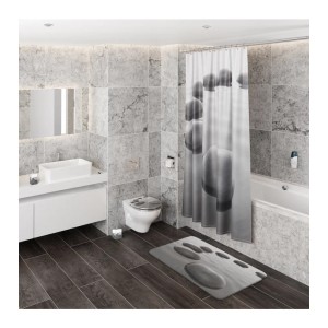 Badezimmer mit Sanilo Seifenspender Black Stones Motiv, passender Duschvorhang und Badematte.