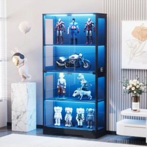 Schwarze Glasvitrine mit blauer LED-Beleuchtung, vier Böden und Stauraum. Ideal für Sammlerstücke.