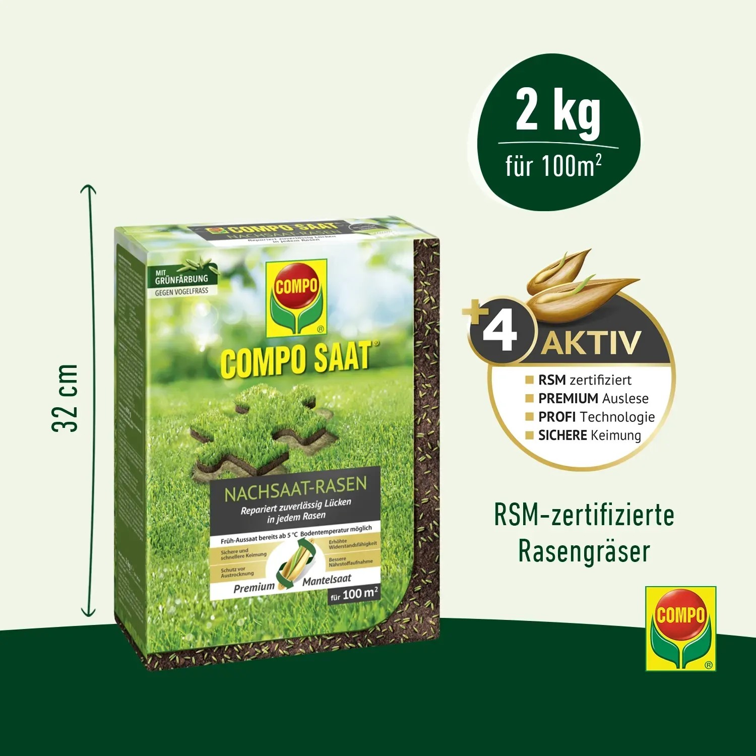 Compo Rasen Nachsaat 2 kg Packung zur Rasenreparatur und Schließung von Lücken.