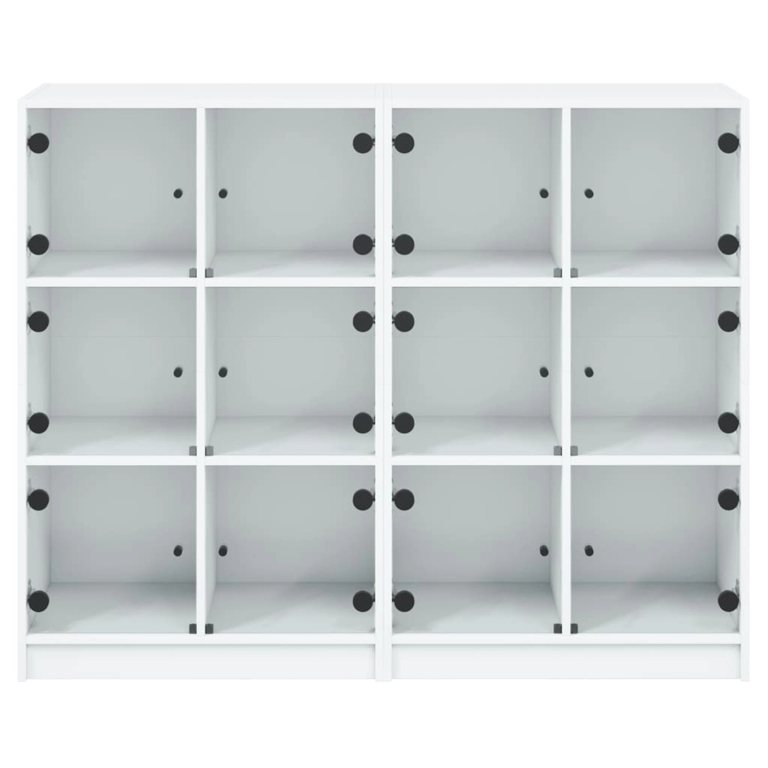 Weißes Bücherregal mit 12 Fächern und Glastüren von VidaXL, Holzwerkstoff, 136x109 cm.