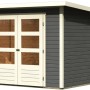 Terragraues Karibu Holz-Gartenhaus mit Pultdach und Doppeltür.