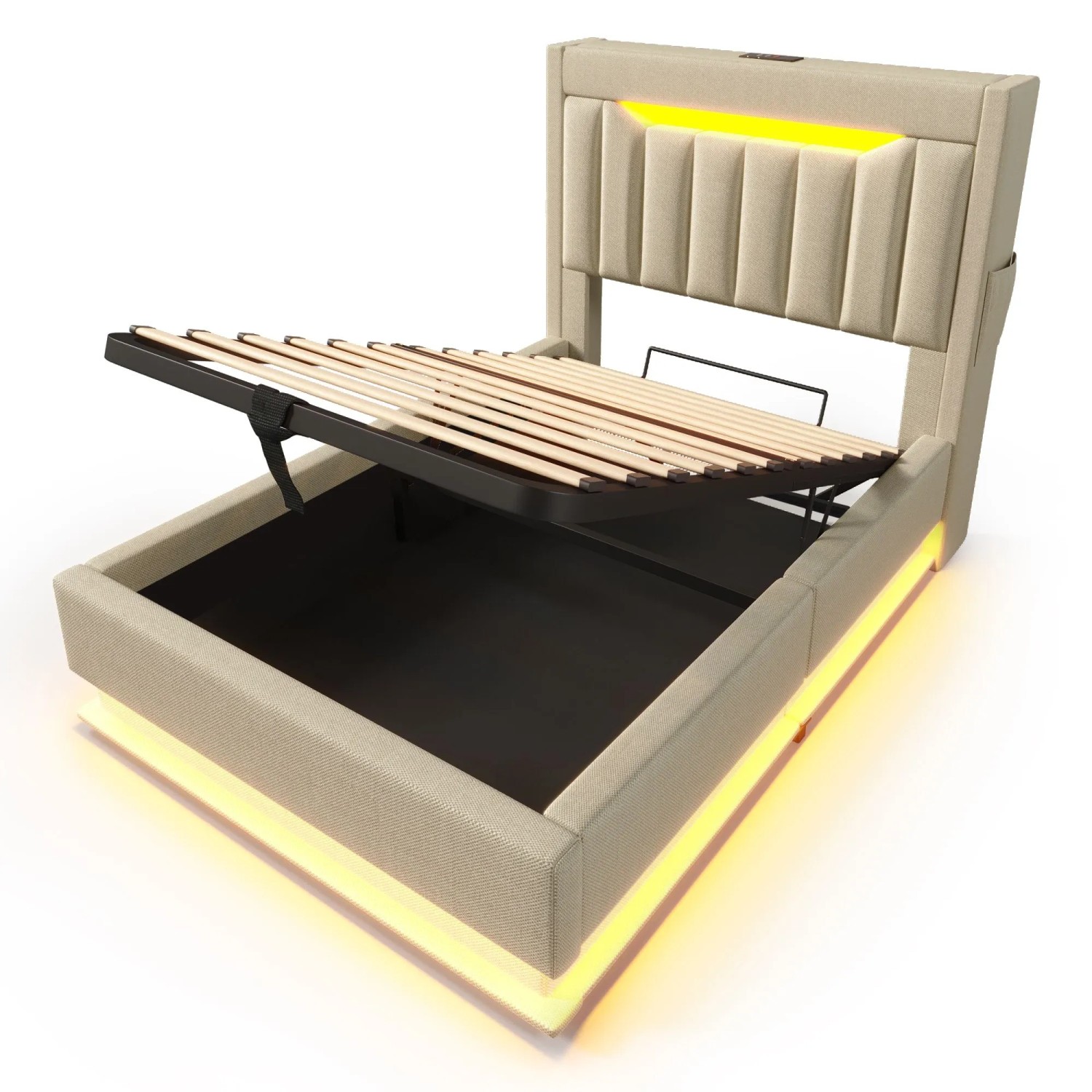 okwish Polsterbett 90x200cm mit LED Stauraum Einzelbett Beige ohne Matratze