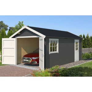 Lasita Garage Dillon, 300x540 cm, carbongrau, mit geöffnetem Tor und Auto darin.