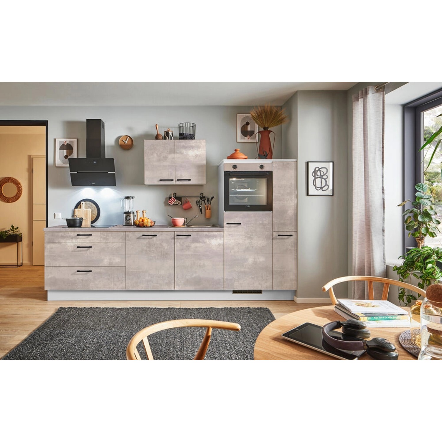 pino Küchenzeile 300cm Beton Perlgrau Anschlag R 1 Geräte-, 1 Apothekerschr günstig online kaufen