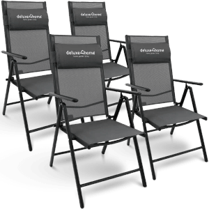 4er Set deluxe4home Garten Klappstühle, grau, mit Textilene-Gewebe, Stahlgestell und verstellbarer Rückenlehne. Platzsparend.