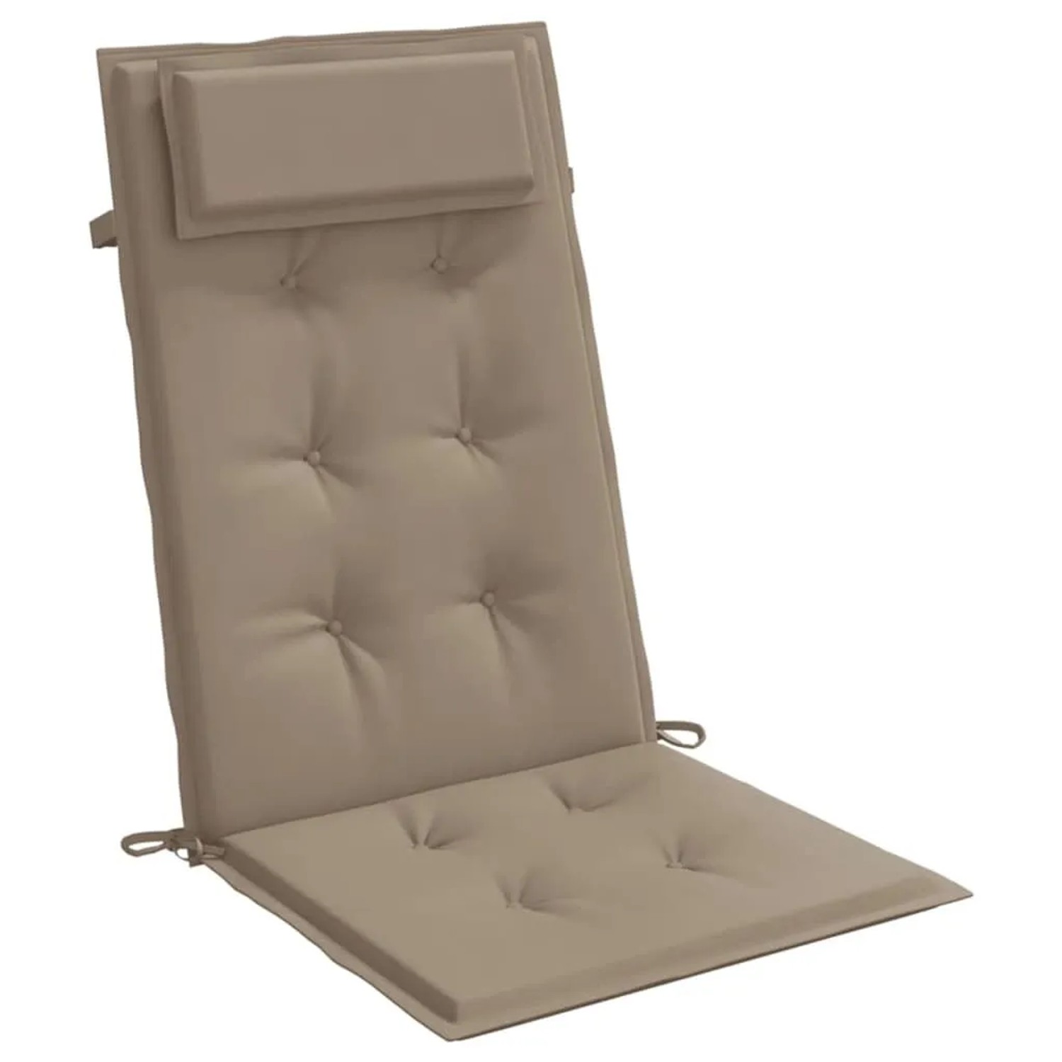 Taupe Hochlehner-Auflage aus Oxford-Gewebe mit Kopfpolster und Steppung für Gartenstühle. Komfortables Sitzkissen.