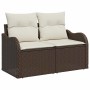 Braunes 7-teiliges vidaXL Garten-Sofa-Set aus Polyrattan mit beigen Kissen.