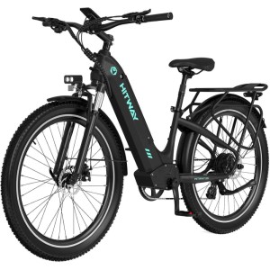 Schwarzes HITWAY BK16 E-Bike mit 26 Zoll Geländereifen, robustem Aluminiumrahmen, Gepäckträger und LED-Licht.
