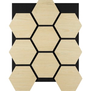Tectake Akustikpaneele Sonic Shield, 4er Set. Helle sechseckige Holzoptik-Paneele auf schwarzem Filz, schallabsorbierend.