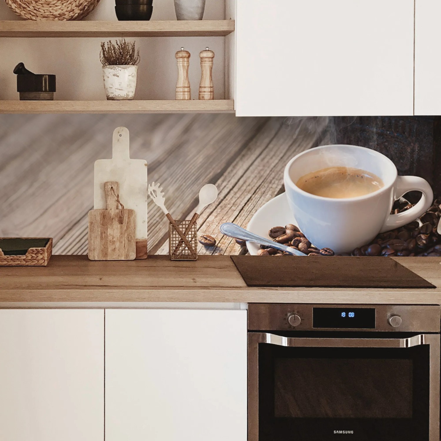 MySpotti Küchenrückwand mit Kaffeetasse Motiv, 100x60cm. Dekorativer Spritzschutz für die Küche.