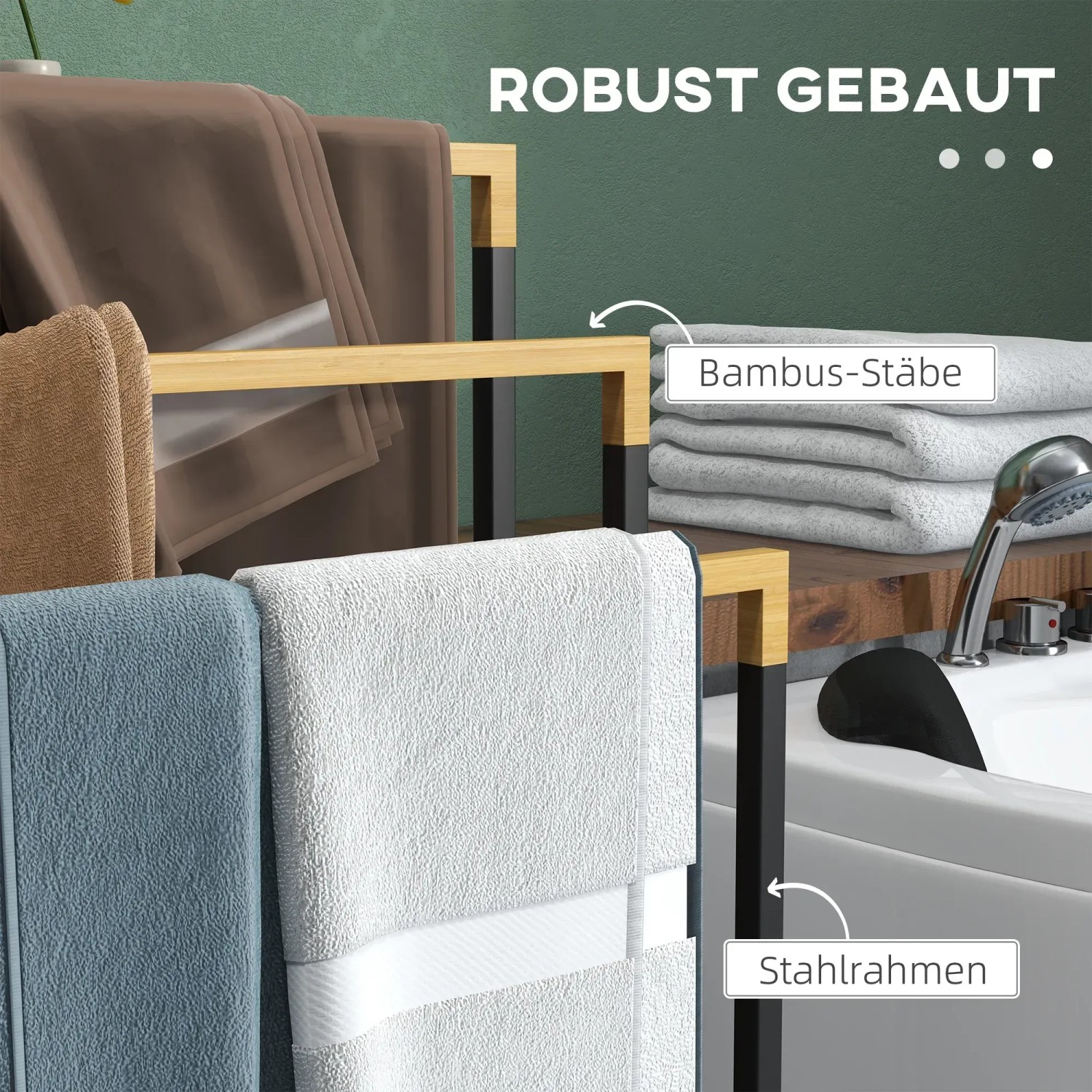 Freistehender Kleankin Handtuchhalter mit 3 Stangen aus Stahl und Bambus, schwarz.