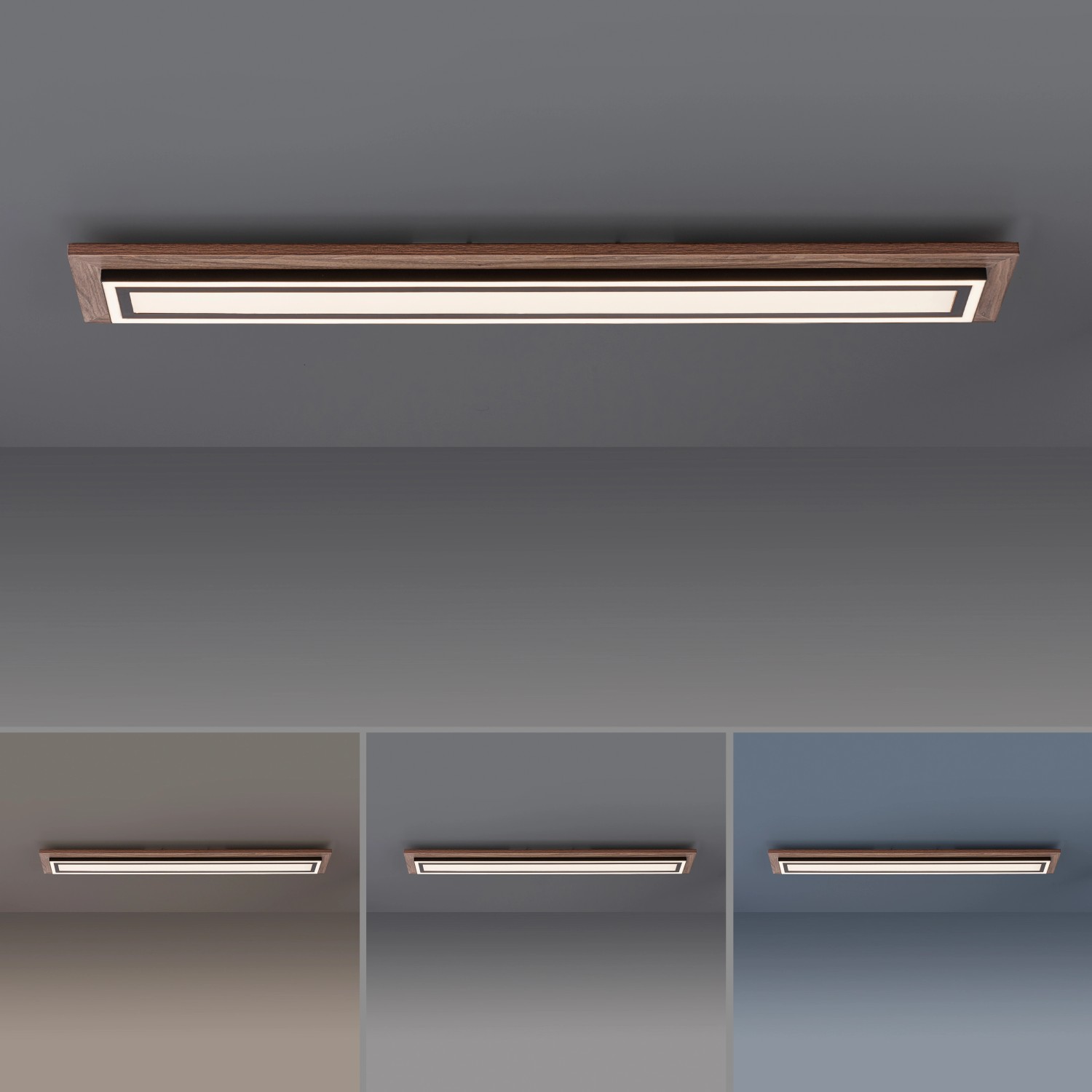 LED-Panel Palma von Paul Neuhaus mit Holzdekor, 107x19 cm. Dimmbare Deckenleuchte mit einstellbarer Lichtfarbe.