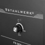 Detailaufnahme: STAHLWERK Rauchabsaugung FE-300 ST mit Drehknopf zur Leistungsregulierung.