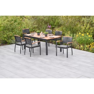 Merxx Tinos 13-tlg. Gartenmöbel-Set mit Ausziehtisch und 6 Stühlen mit grauen Kissen.